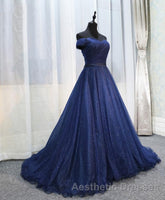 Dark Blue Shining Tulle Long Evening Prom Dresses, Evening Prom Dresses